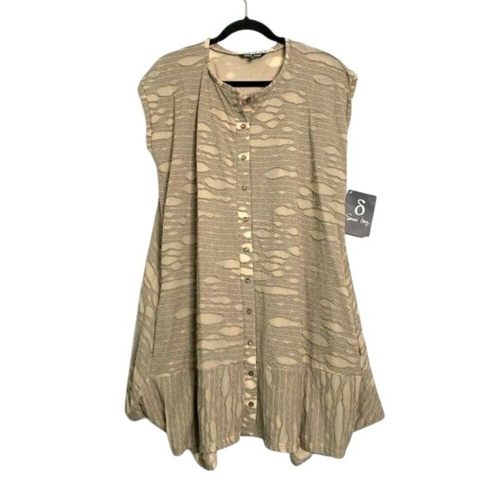 Samuel Dong Tan Textured Button Down A-Line Shift Short Dress M Flowy Lagenlook